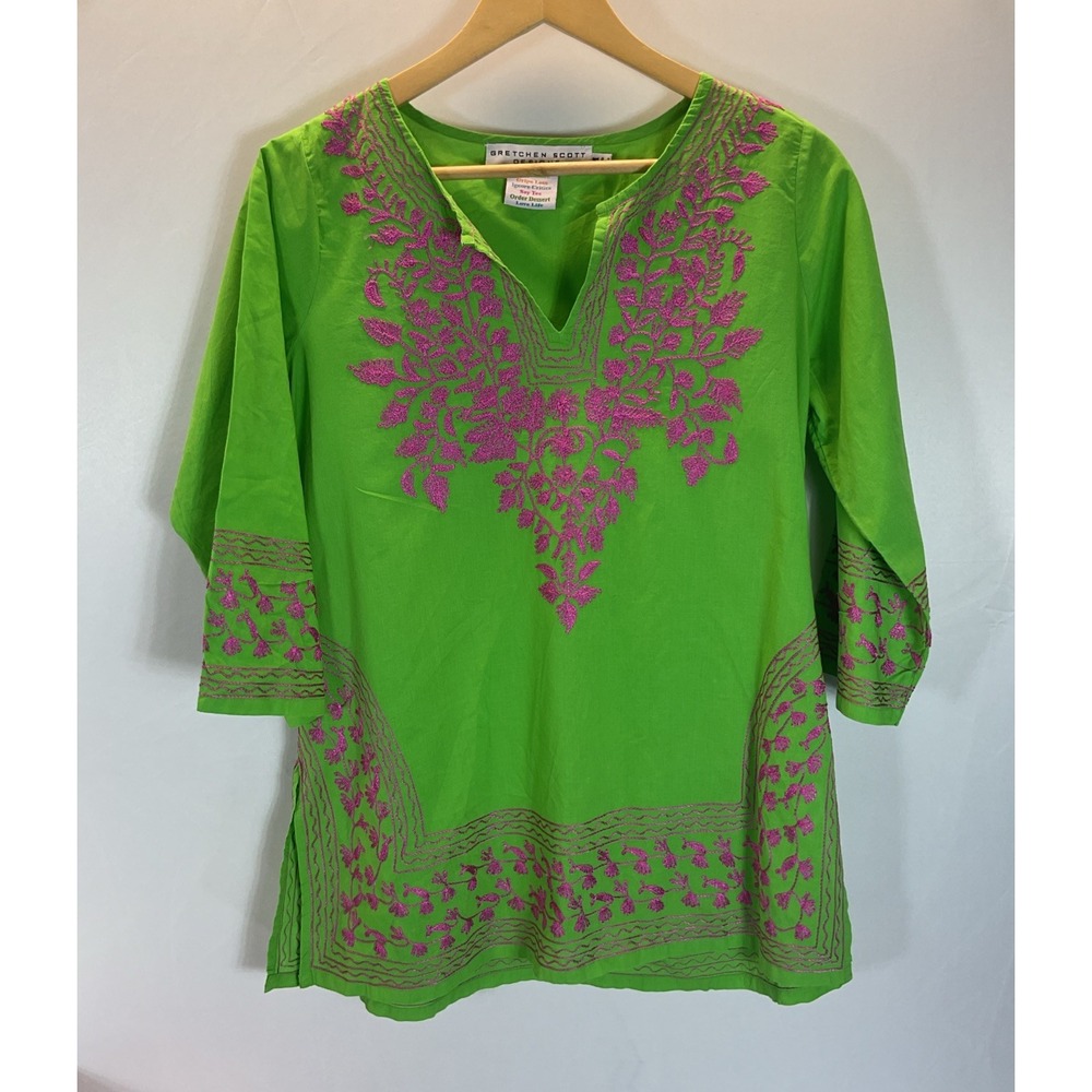 Gretchen Scott Designs Green Pink Embroiderd Tunic Beach Cover-Up Shirt Coast